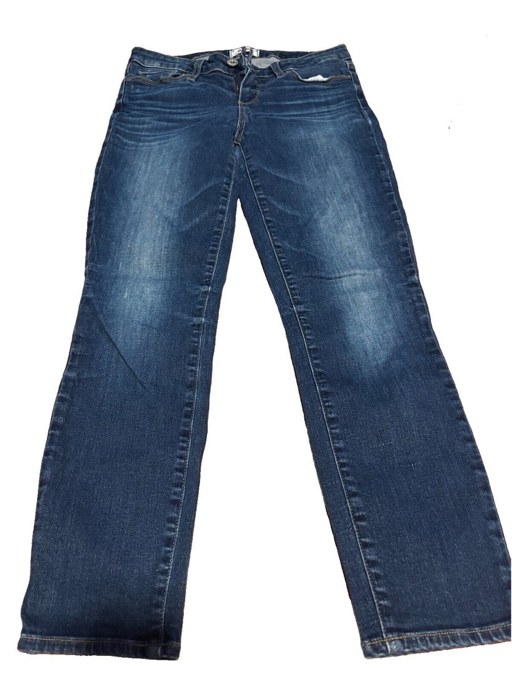 PAIGE Women's Medium Wash Blue Denim Jeans Slim Straight Mid-Rise Distressed